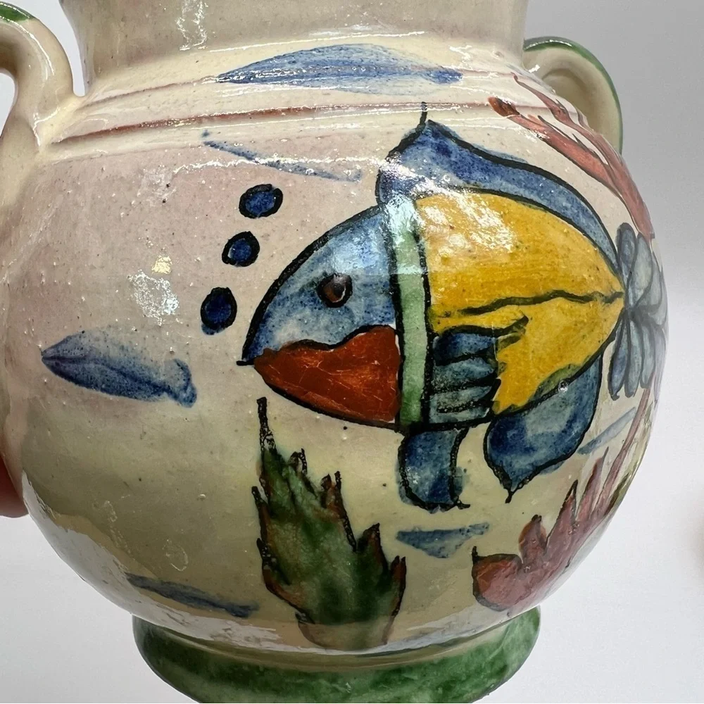 Vtg Mexican Pottery Sugar Bowl w/lid Hand Painted Fish  Glazed, Artist Signed